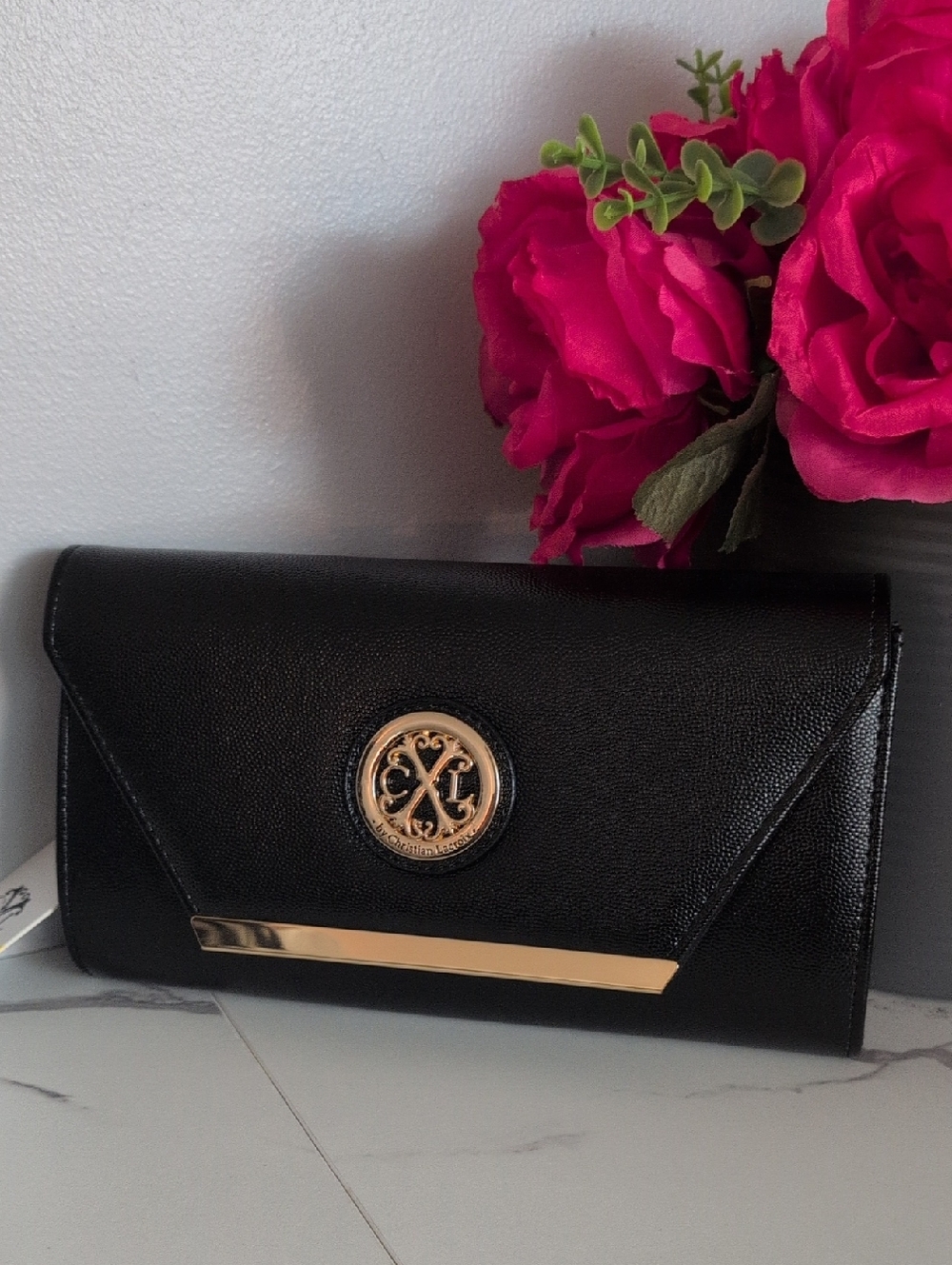 Christian Lacroix Black Clutch with Gold Emblem